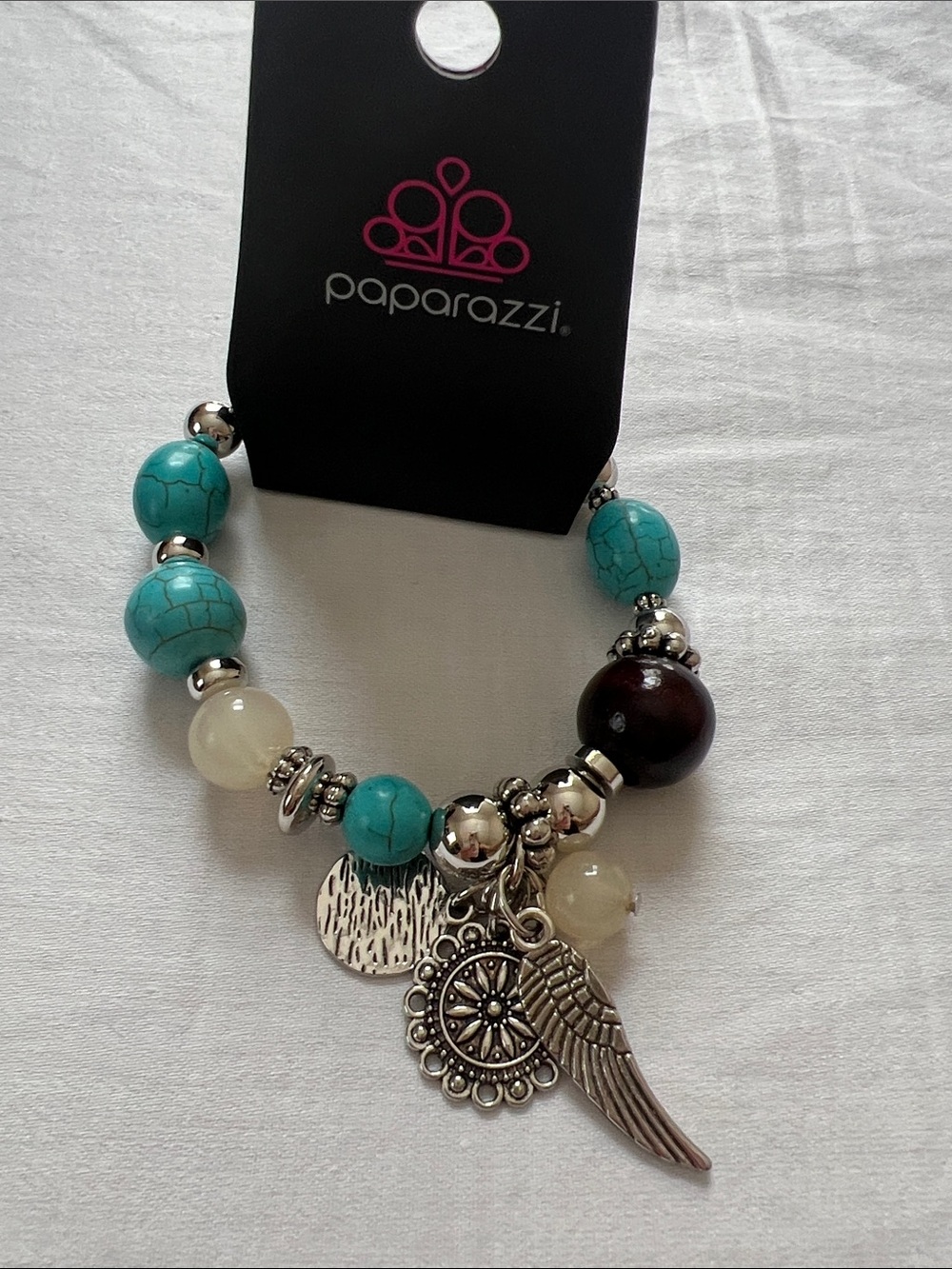 paparazzi Turquoise Beaded Charm Bracelet with Silver Wing & Accents